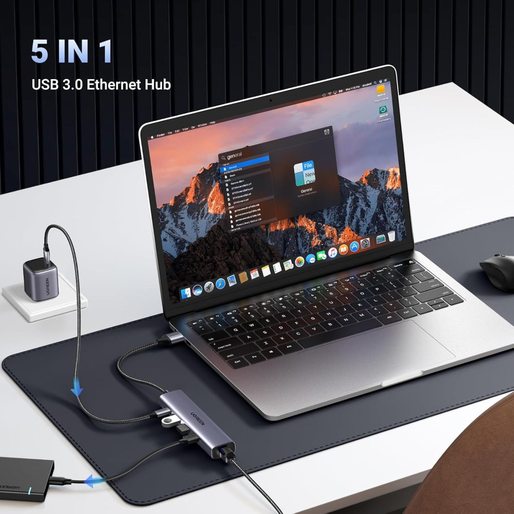 UGREEN 60554 USB 3.0 TO 3 X USB + RJ45 TYPE-C P/SUPPLY ADAPTER - Image 2