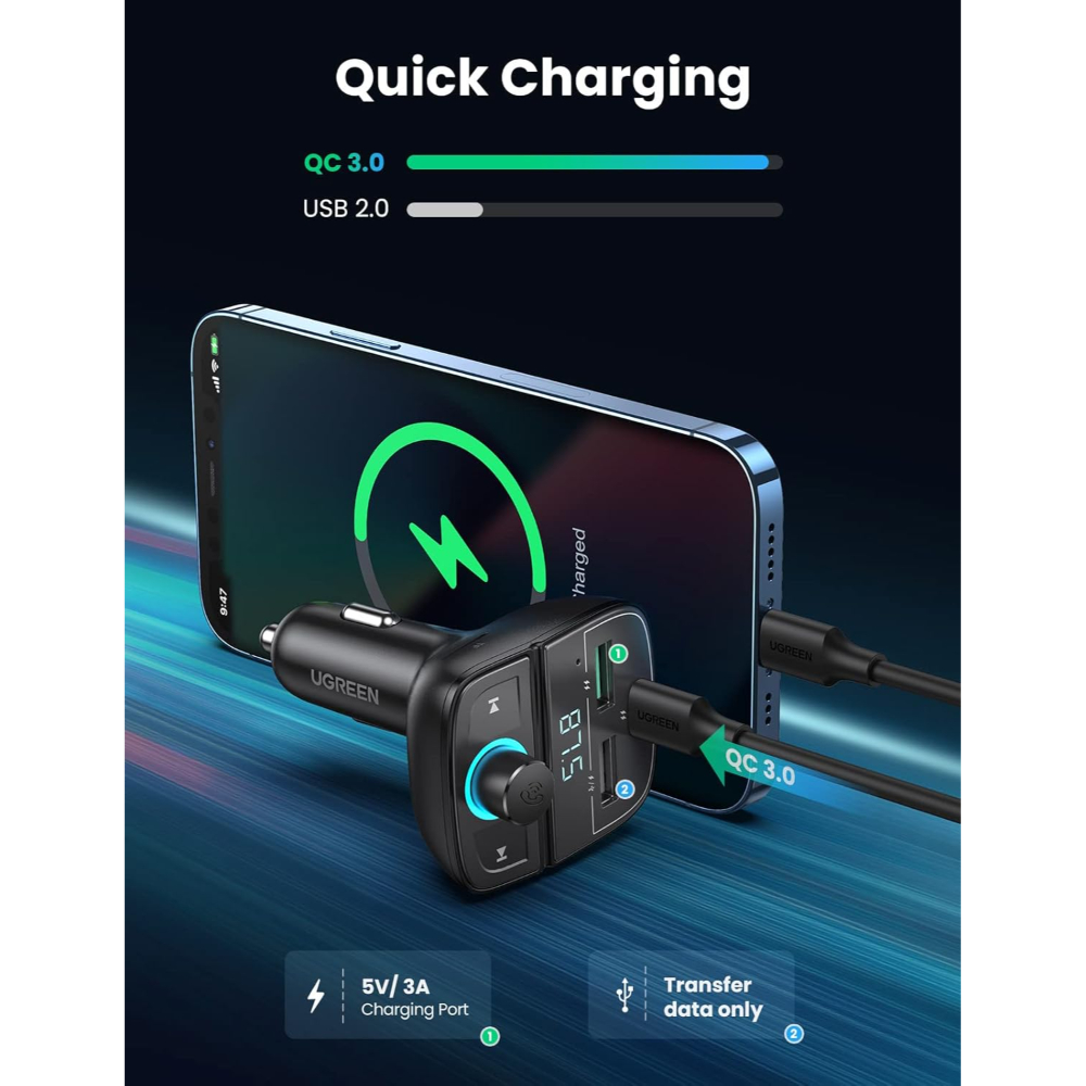 UGREEN 80910 Bluetooth Car Charger FM Transmitter USB TF