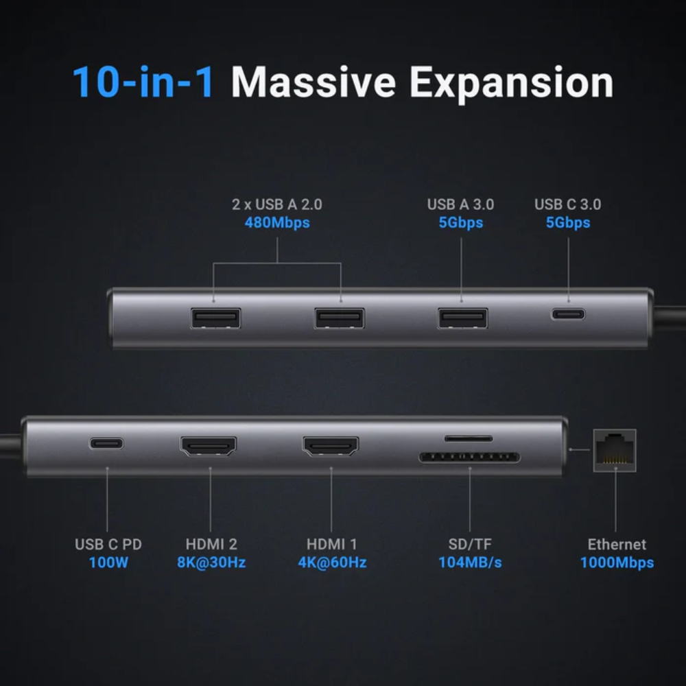 UGREEN 15534 10-IN-1 TYPE-C TO 2XHDMI, 3XUSB-A, 1XRJ45, SD/TF, PD100W ADAPTER - Image 2