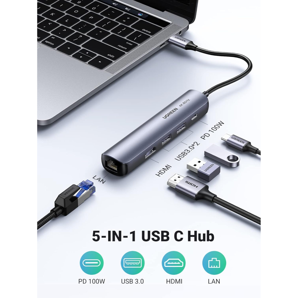 UGREEN 10919 Ultra Slim 5-in-1 USB-C Hub with Ethernet and HDMI - Image 2
