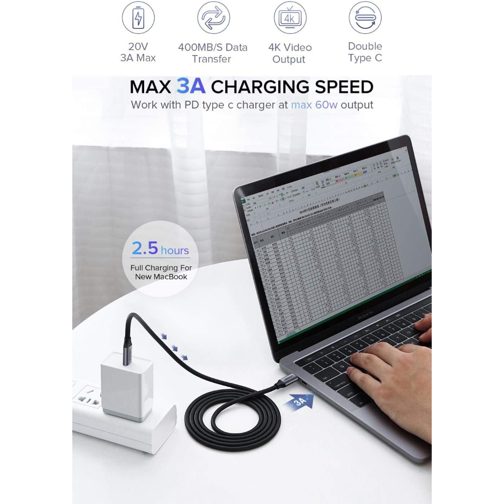 UGREEN 50751 USB-C 3.1 MALE TO MALE CABLE NICKEL PLATING ALUMINUM 1.5M GRY - Image 3