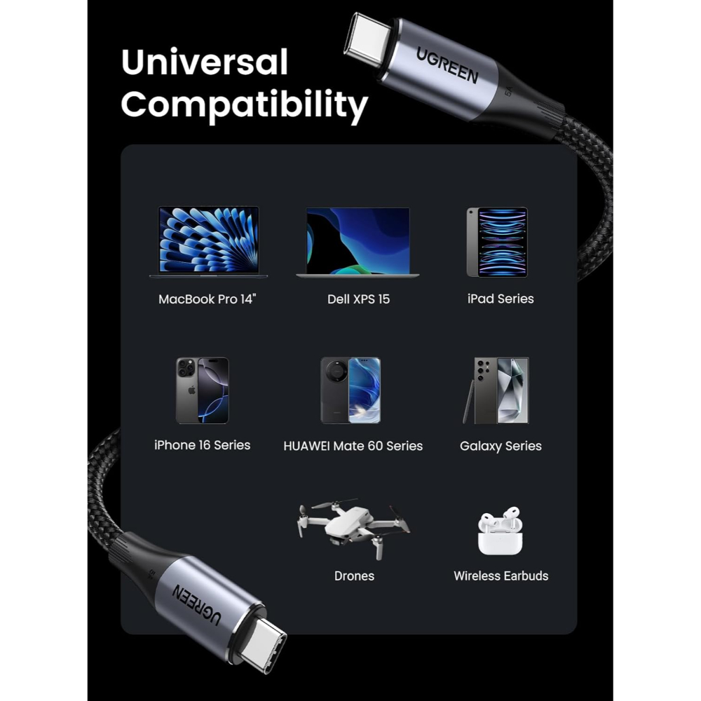 UGREEN 80150 USB-C 3.2 M/M GEN2 240W CABLE BRAIDED 1M 4K@60HZ BLK - Image 5
