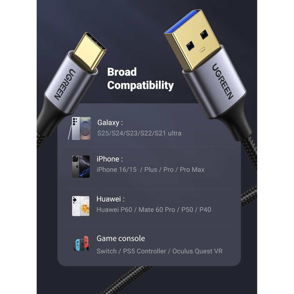 UGREEN 20288 USB-A 3.0 TO USB-C CABLE 2M BRAIDED ( BLACK ) - Image 4