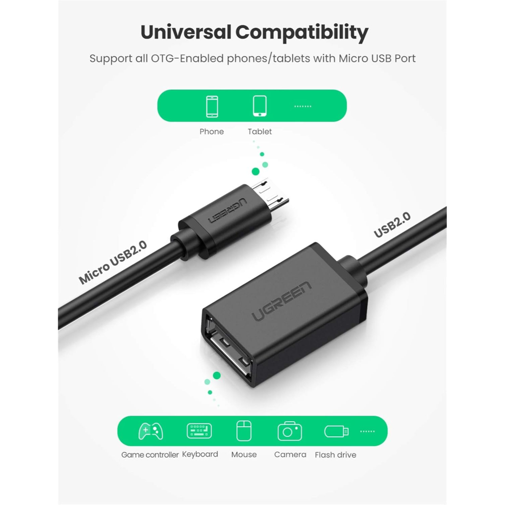 UGREEN 10396 MICRO USB MALE TO USB-A F/M OTG CABLE 15CM - Image 3