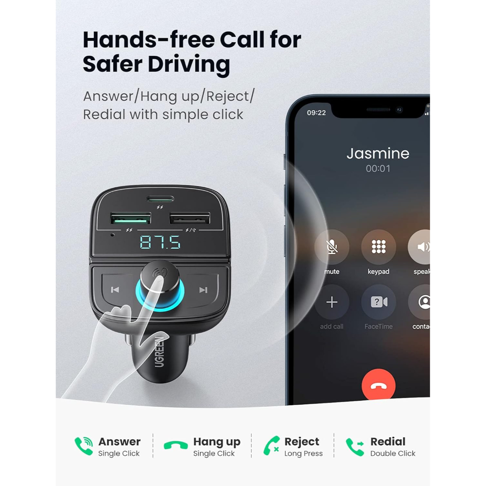 UGREEN 80910 Bluetooth Car Charger FM Transmitter USB TF