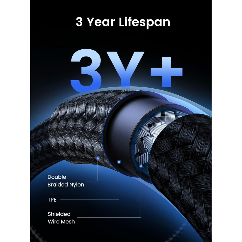 UGREEN 80150 USB-C 3.2 M/M GEN2 240W CABLE BRAIDED 1M 4K@60HZ BLK - Image 7