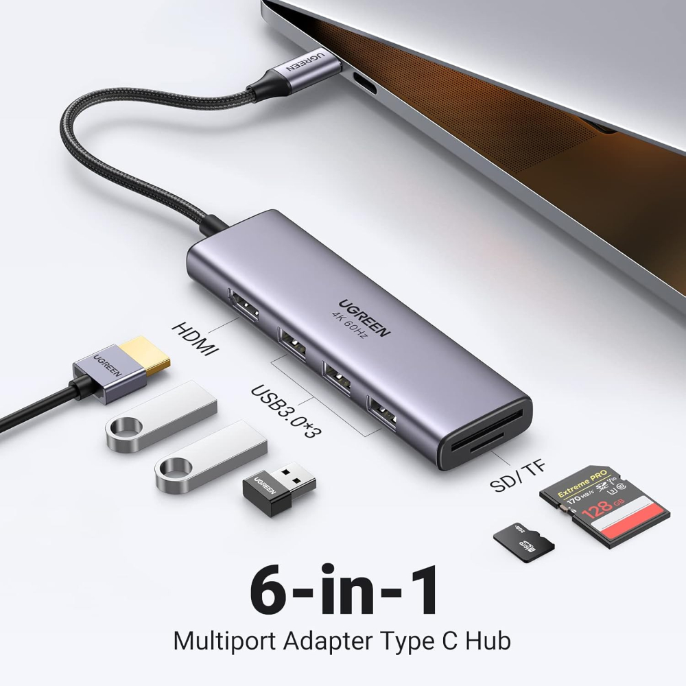 UGREEN 60383 6-IN-1 USB-C TO 3XUSB A, 1X HDMI + SD/TF CARDS SLOT, ADAPTER - Image 8