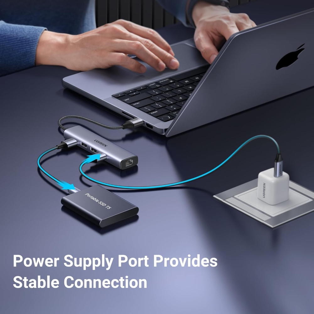 UGREEN 60554 USB 3.0 TO 3 X USB + RJ45 TYPE-C P/SUPPLY ADAPTER - Image 8