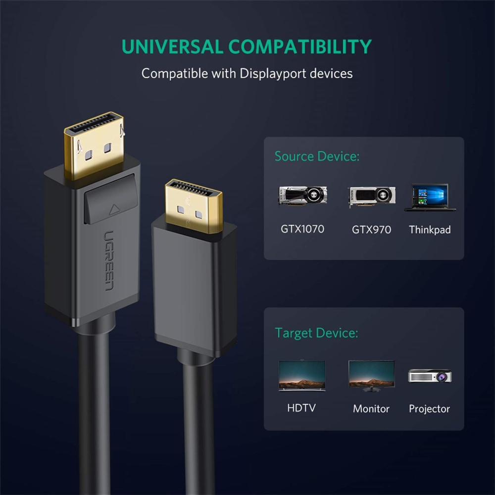 UGREEN 10244 DISPLAY PORT TO DISPLAY PORT CABLE 1M 4K@60HZ 3D BLACK - Image 2