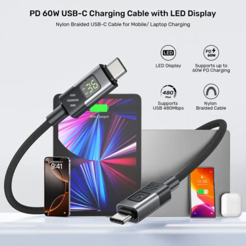 UNITEK C14158ABK01-2M USB-C TO C CHARGING CABLE WITH LED DISPLAY 60W 2M BRAIDED (Copy) - Image 3