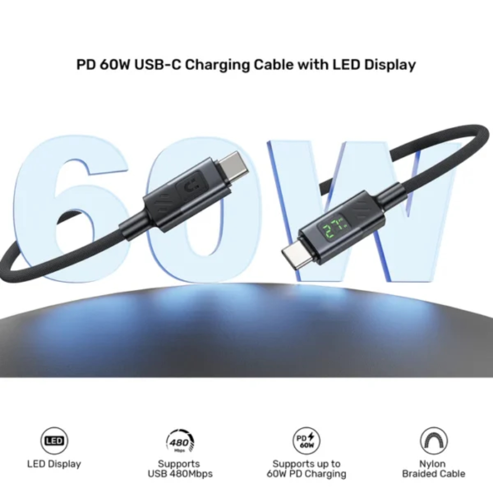 UNITEK C14158ABK01-2M USB-C TO C CHARGING CABLE WITH LED DISPLAY 60W 2M BRAIDED (Copy) - Image 4