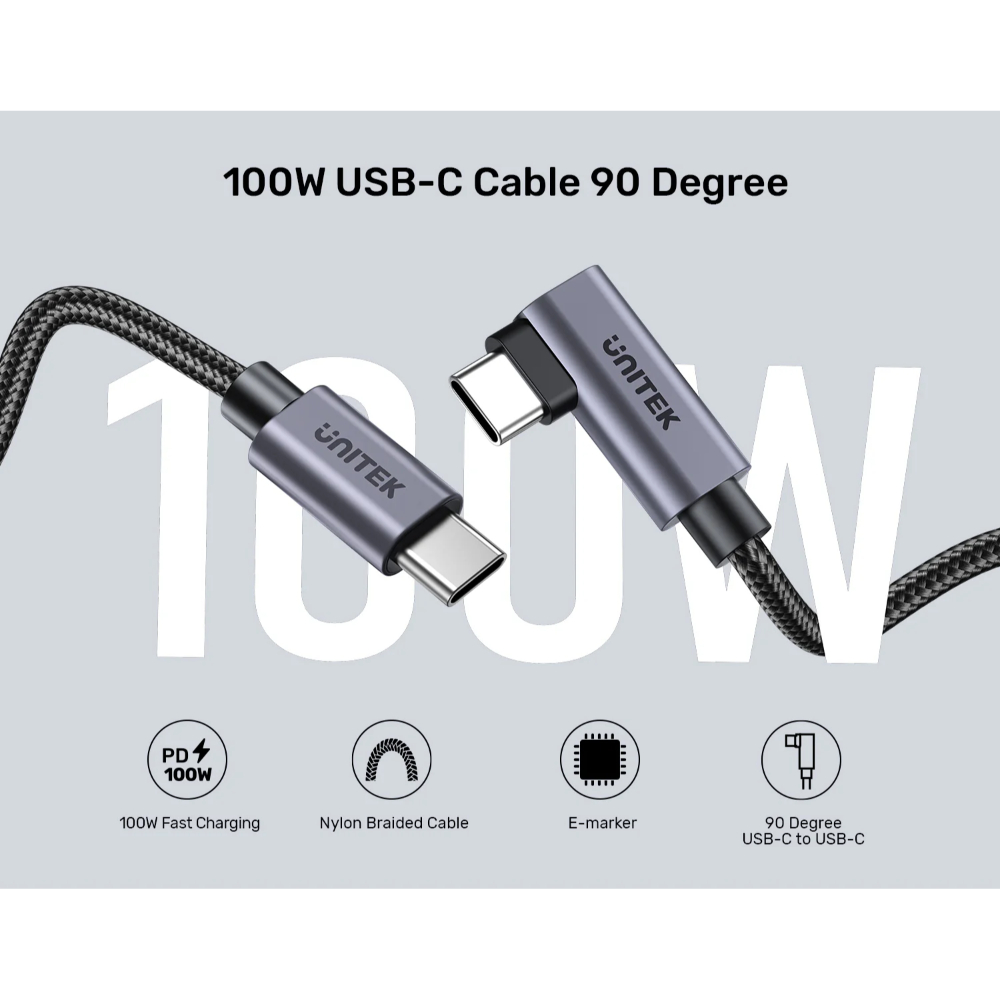 UNITEK C14123BK-0.5M 90 DEGREE USB-C TO C 100W FAST CHARGING CABLE 50CM - Image 7
