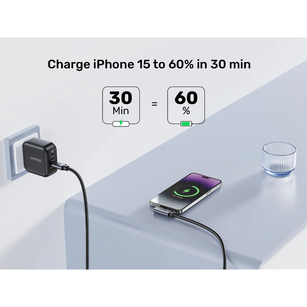 UNITEK C14123BK-0.5M 90 DEGREE USB-C TO C 100W FAST CHARGING CABLE 50CM - Image 8