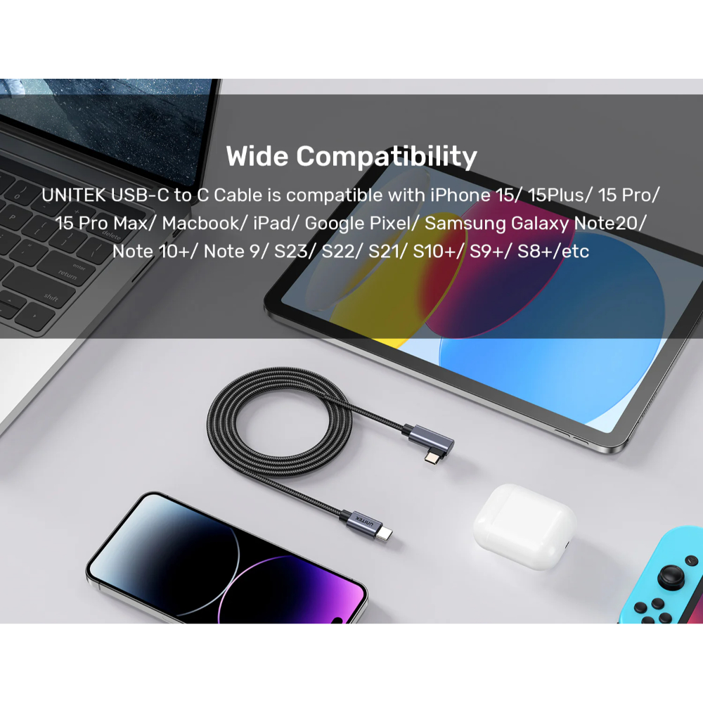 UNITEK C14123BK-0.5M 90 DEGREE USB-C TO C 100W FAST CHARGING CABLE 50CM - Image 5