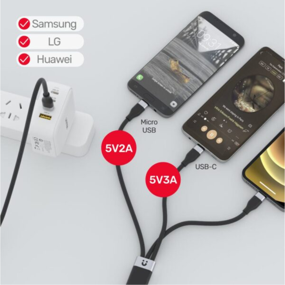 UNITEK C14101BK-1.5M 3-IN-1 USB-C TO MICRO + LIGHTNING + TYPE-C CABLE - Image 5