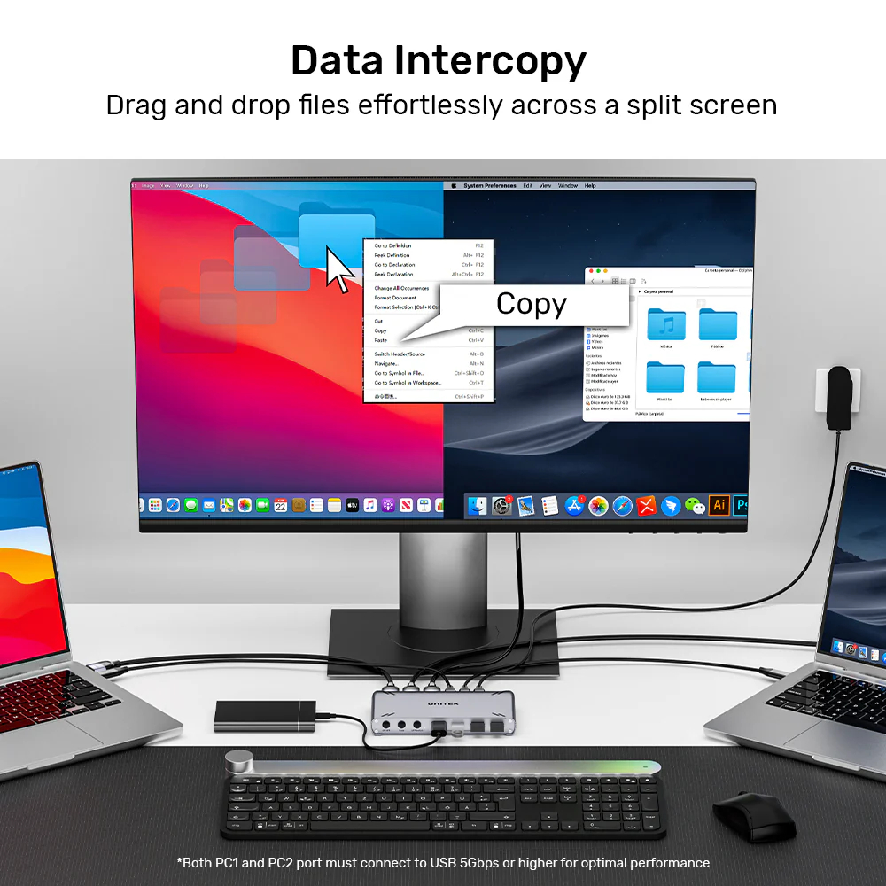 UNITEK D1118AGY01-EU USB-C 10GBPS HDMI SPLIT-SCREEN KVM SWITCH 2PCS SHARE 1 MONITOR & 5 USB-A DEVICES - Image 2