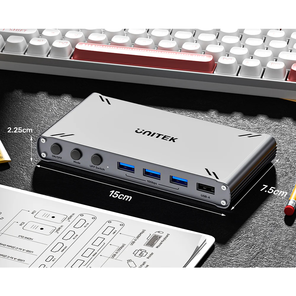 UNITEK D1118AGY01-EU USB-C 10GBPS HDMI SPLIT-SCREEN KVM SWITCH 2PCS SHARE 1 MONITOR & 5 USB-A DEVICES - Image 6