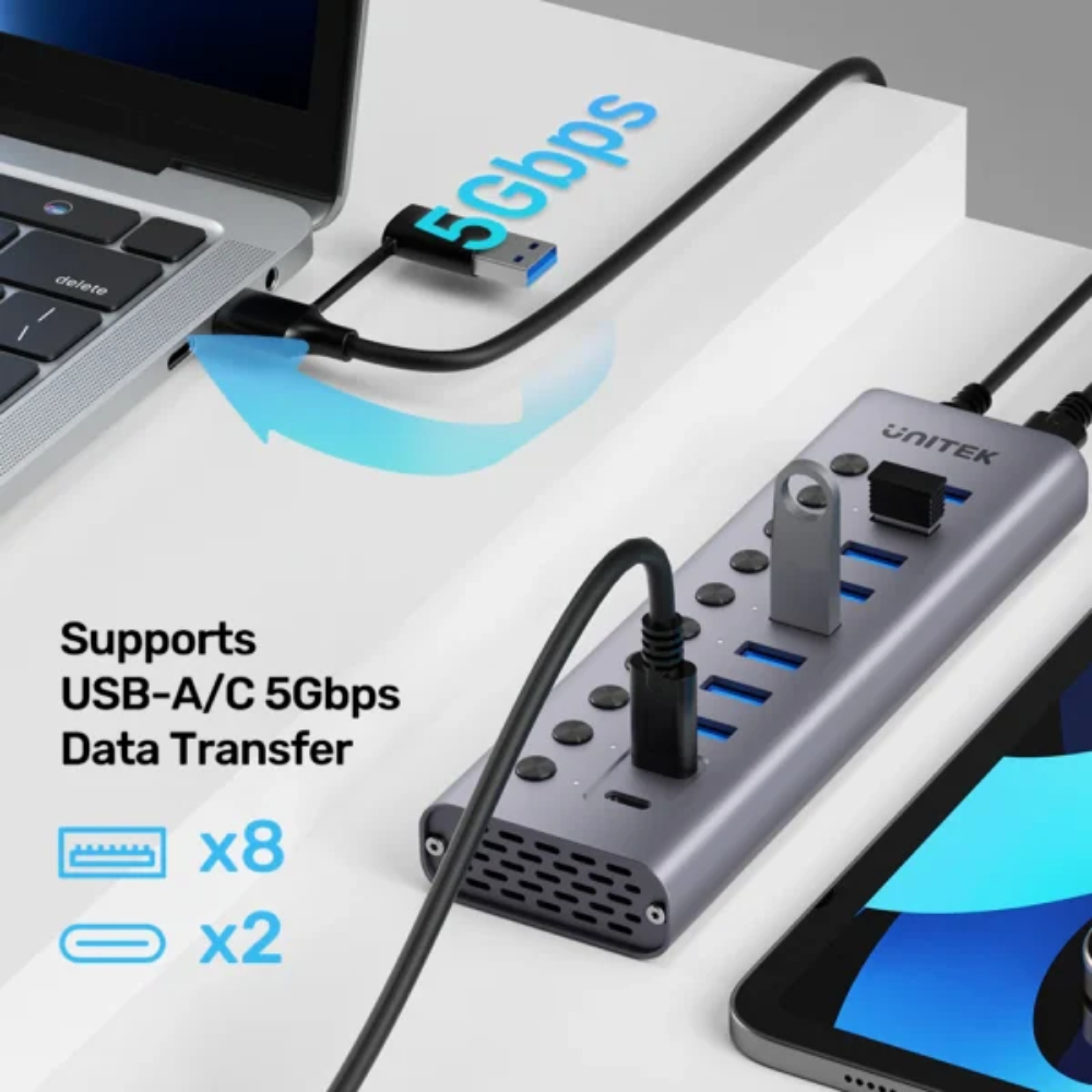 UNITEK H1315B01-EU 10-IN-1 INDIVIDUAL SWITCH HUB 8XUSB-A & 2XUSB-C, BC1.2 FAST CHARGING ALUMINUM HOUSING - Image 2
