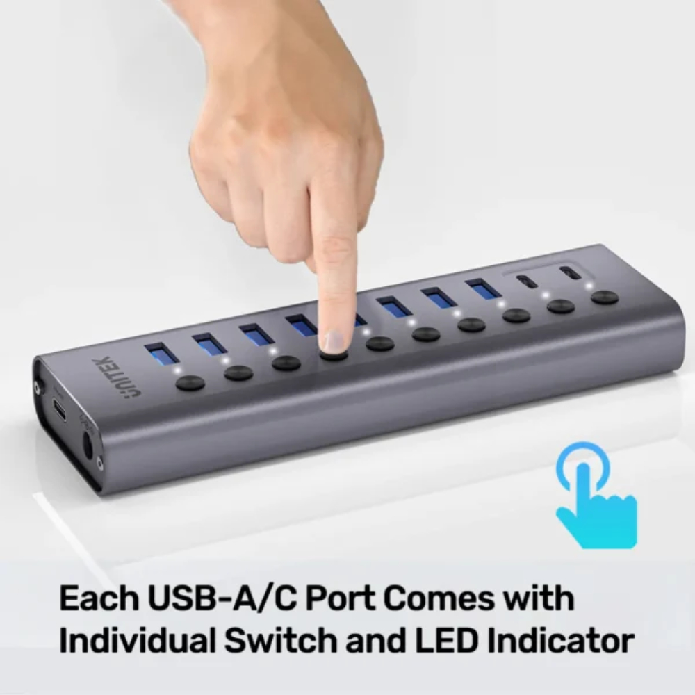 UNITEK H1315B01-EU 10-IN-1 INDIVIDUAL SWITCH HUB 8XUSB-A & 2XUSB-C, BC1.2 FAST CHARGING ALUMINUM HOUSING - Image 3