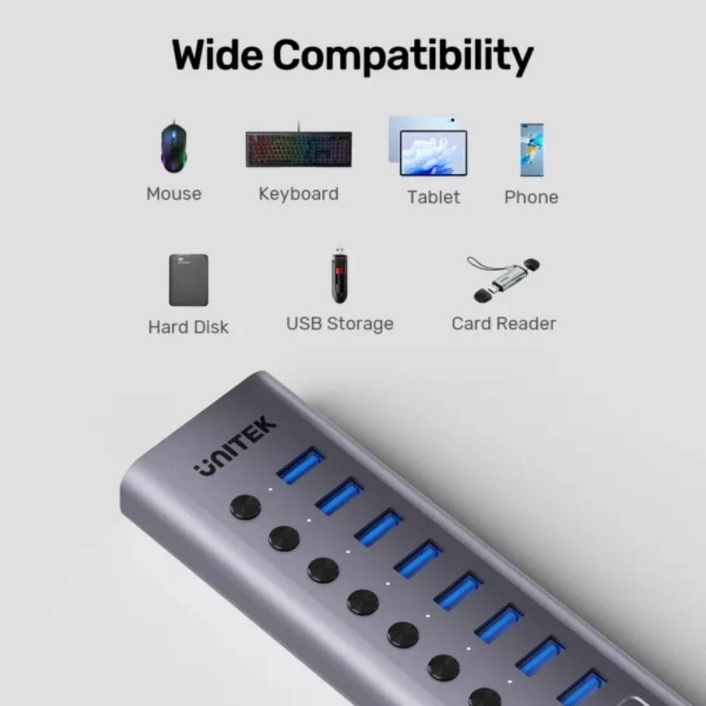 UNITEK H1315B01-EU 10-IN-1 INDIVIDUAL SWITCH HUB 8XUSB-A & 2XUSB-C, BC1.2 FAST CHARGING ALUMINUM HOUSING - Image 5