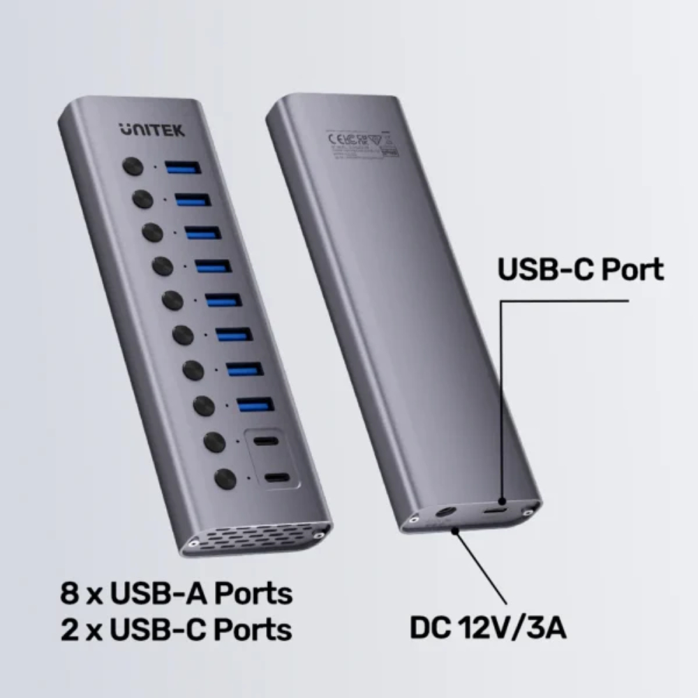 UNITEK H1315B01-EU 10-IN-1 INDIVIDUAL SWITCH HUB 8XUSB-A & 2XUSB-C, BC1.2 FAST CHARGING ALUMINUM HOUSING - Image 7