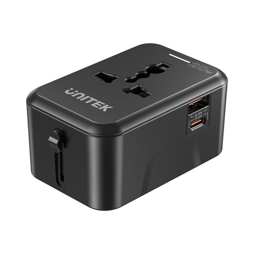 UNITEK P1120ABK01 UNIVERSAL TRAVEL ADAPTER 20W 1XUSB-C, 1XUSB A
