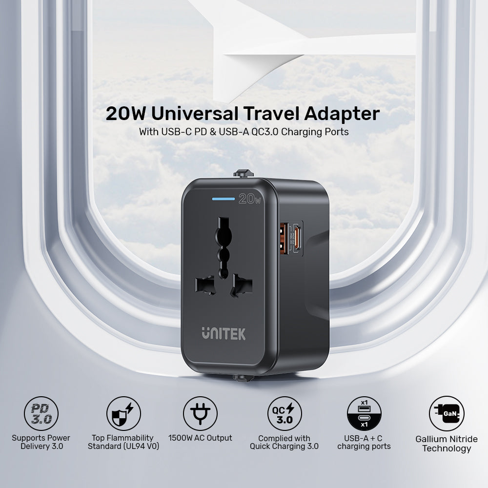 UNITEK P1120ABK01 UNIVERSAL TRAVEL ADAPTER 20W 1XUSB-C, 1XUSB A - Image 5