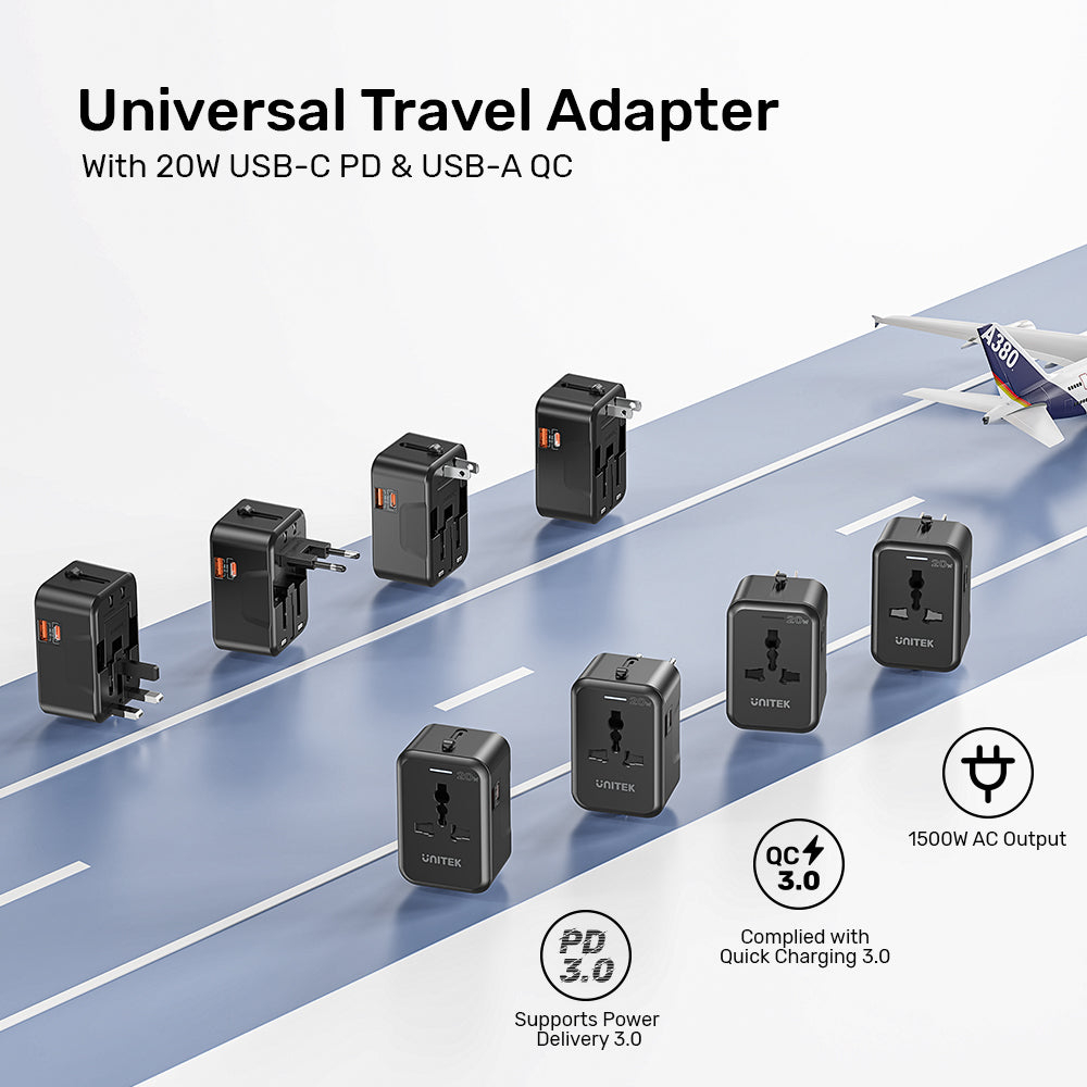 UNITEK P1120ABK01 UNIVERSAL TRAVEL ADAPTER 20W 1XUSB-C, 1XUSB A - Image 2