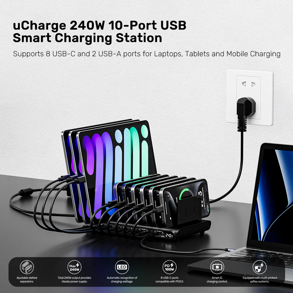 UNITEK P1230CBK01-EU uCHARGE 240W 10-PORTS USB SMART CHARGING STATION ( 8XUSB-C / 2XUSB-A ) - Image 2