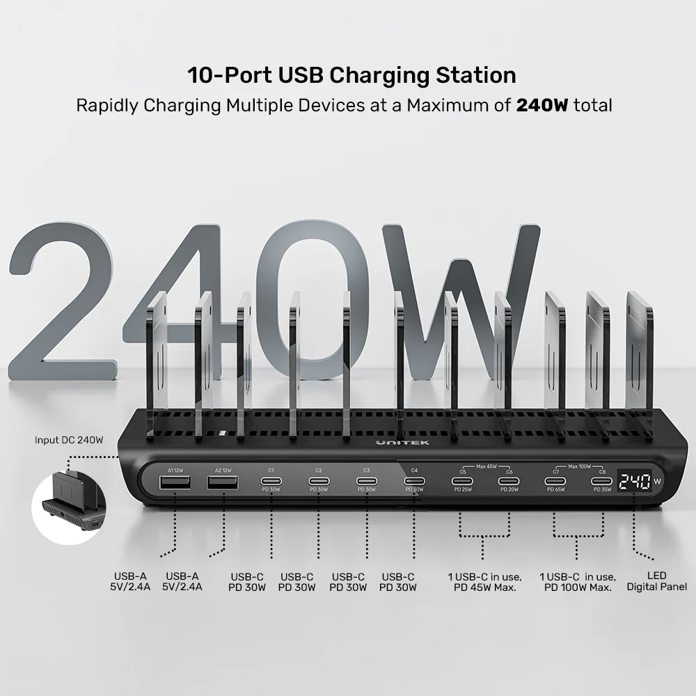 UNITEK P1230CBK01-EU uCHARGE 240W 10-PORTS USB SMART CHARGING STATION ( 8XUSB-C / 2XUSB-A ) - Image 3
