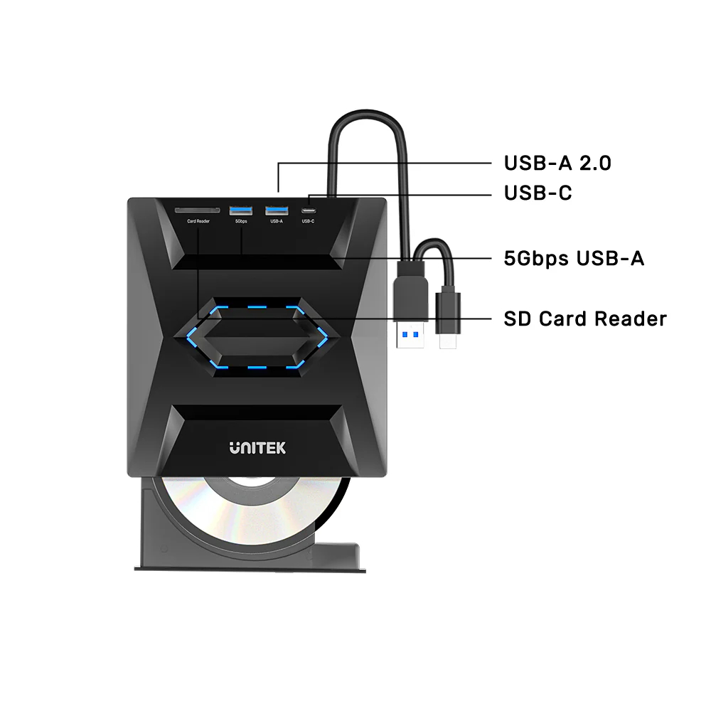 UNITEK T1037A01 EXTERNAL OPTICAL DRIVE WITH 5-IN-1 HUB 2XUSB, 1XTYPE-C, 1XSD CARD - Image 6