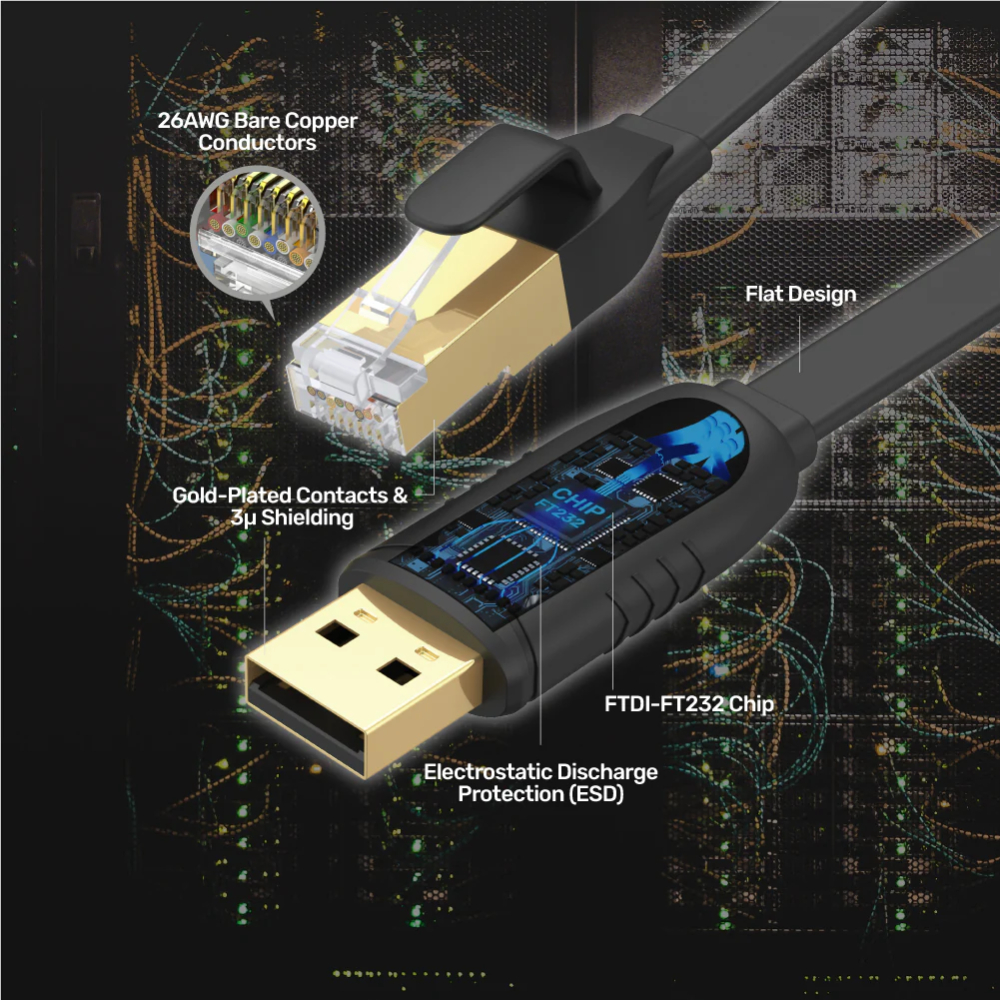 UNITEK Y-SP02001B USB 2.0 TO RJ45 CONSOLE ROLLOVER FLAT CABLE 1.8M - Image 5