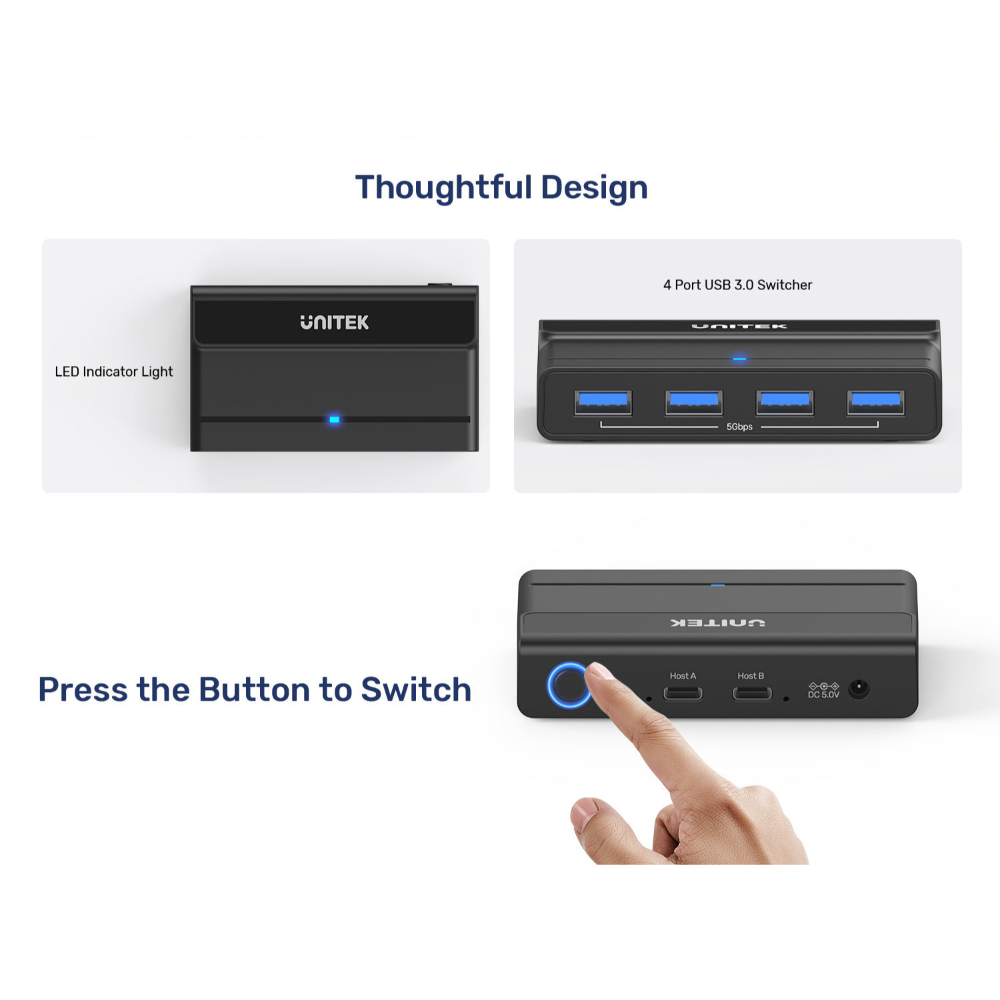 UNITEK H1310A 4-PORT USB 3.0 SWITCH BOX 2-USB-C PCS TO SHARE 4-USB-A 3.0 PORTS - Image 2