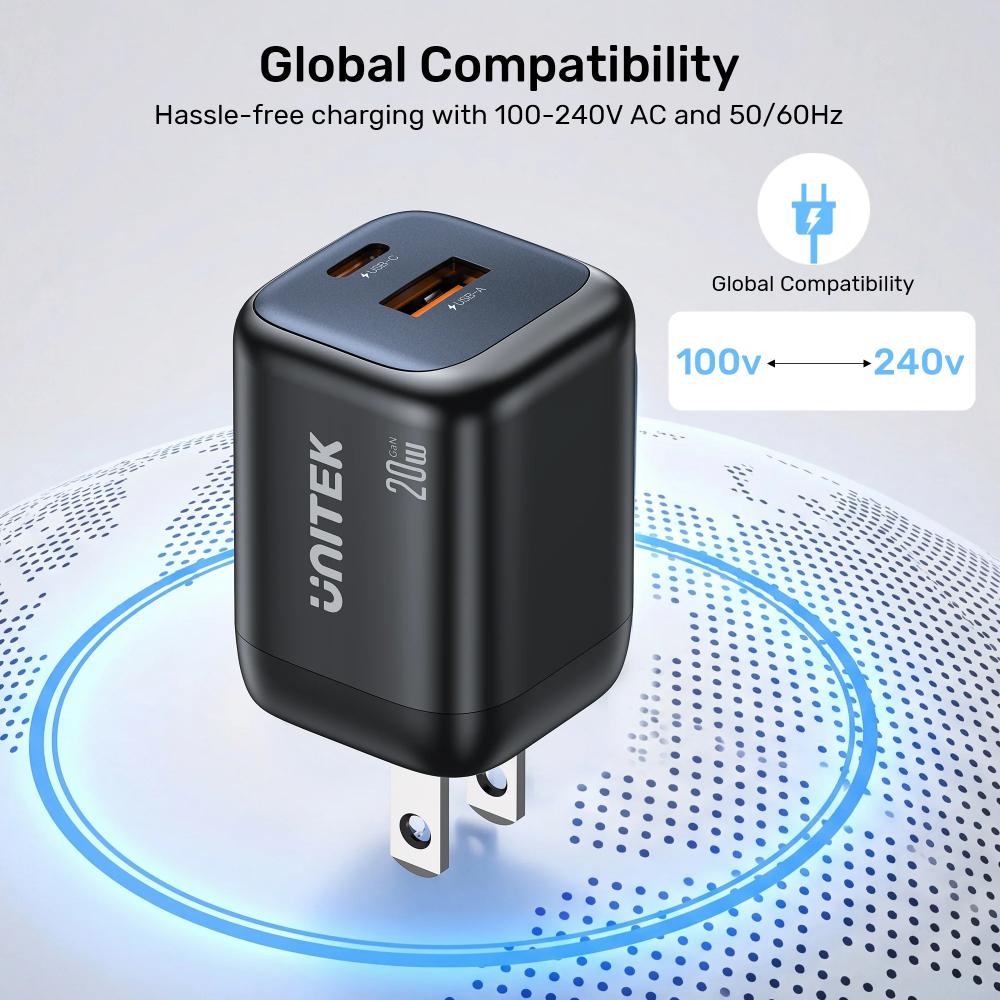 UNITEK P1128ABK01 ZENO 20W Dual-Port GaN Wall Charger
