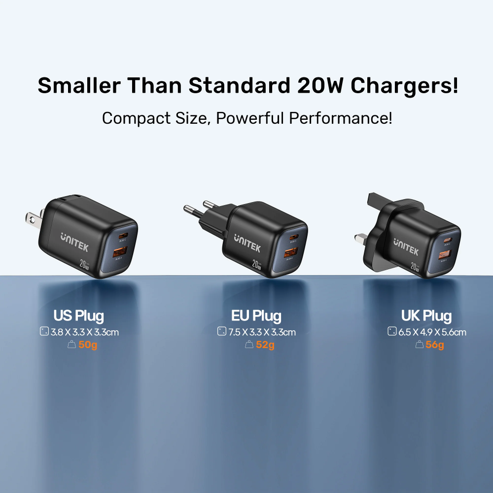 UNITEK P1128ABK01 ZENO 20W Dual-Port GaN Wall Charger
