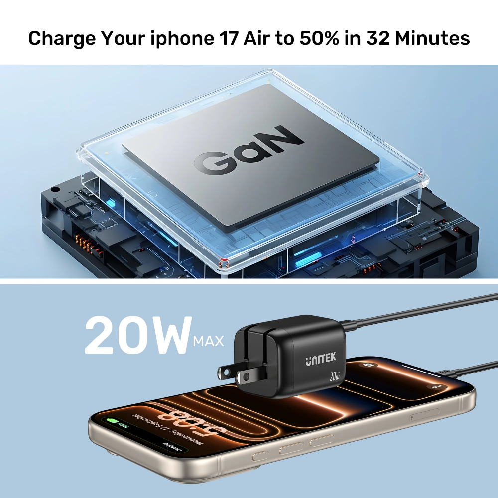 UNITEK P1128ABK01 ZENO 20W Dual-Port GaN Wall Charger