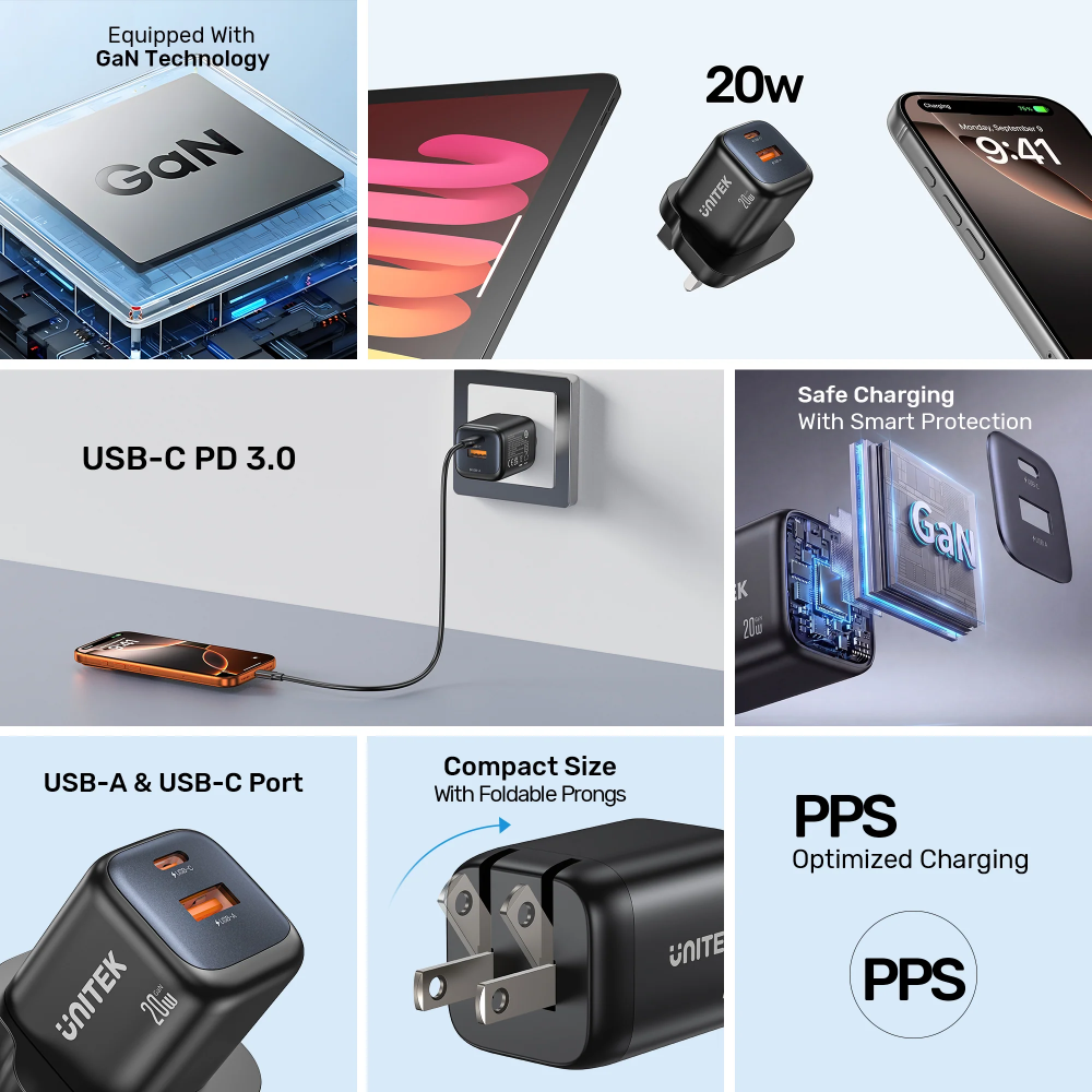 UNITEK P1128ABK01 ZENO 20W Dual-Port GaN Wall Charger