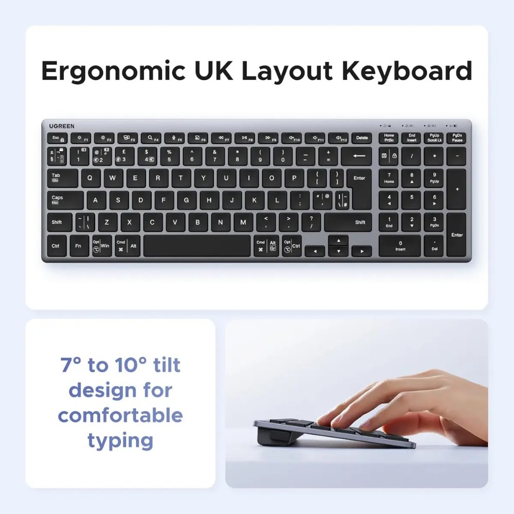 UGREEN 75163 Keyboard K552, Wireless, Bluetooth, USB, (Grey) - Image 7