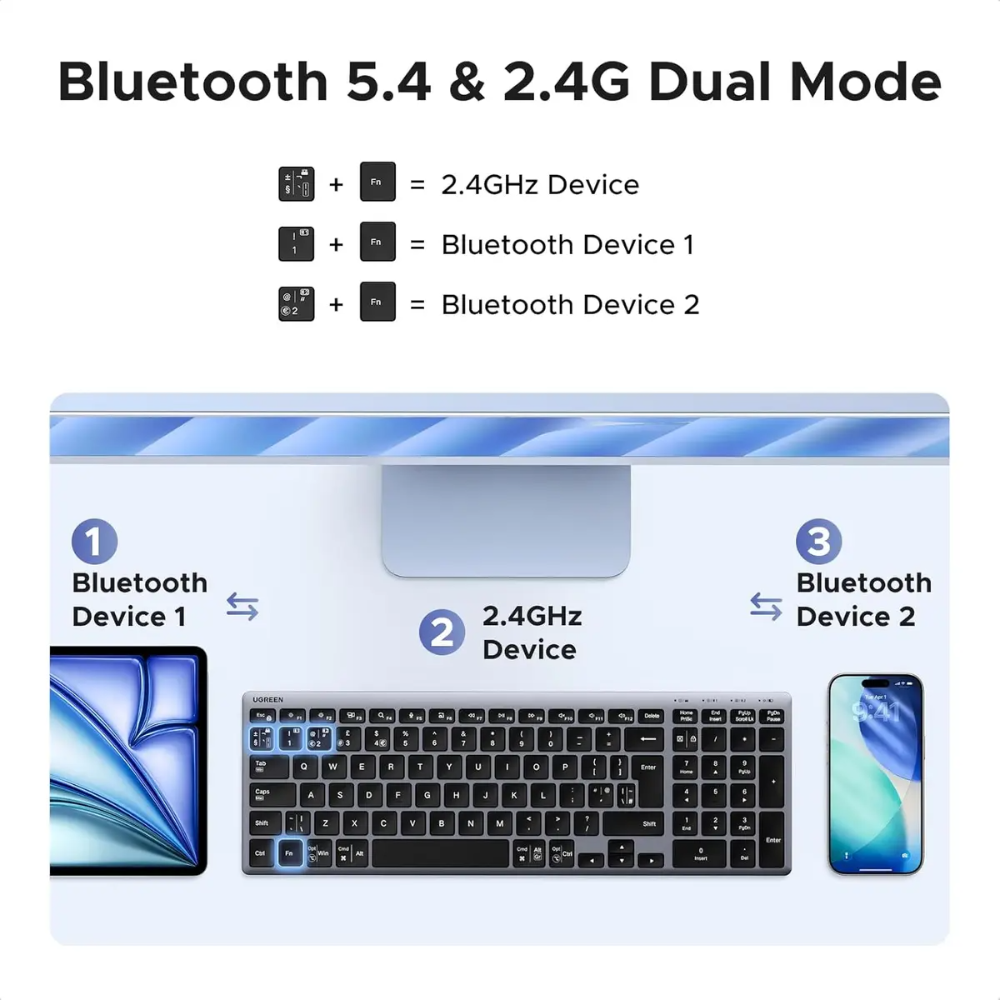 UGREEN 75163 Keyboard K552, Wireless, Bluetooth, USB, (Grey) - Image 4