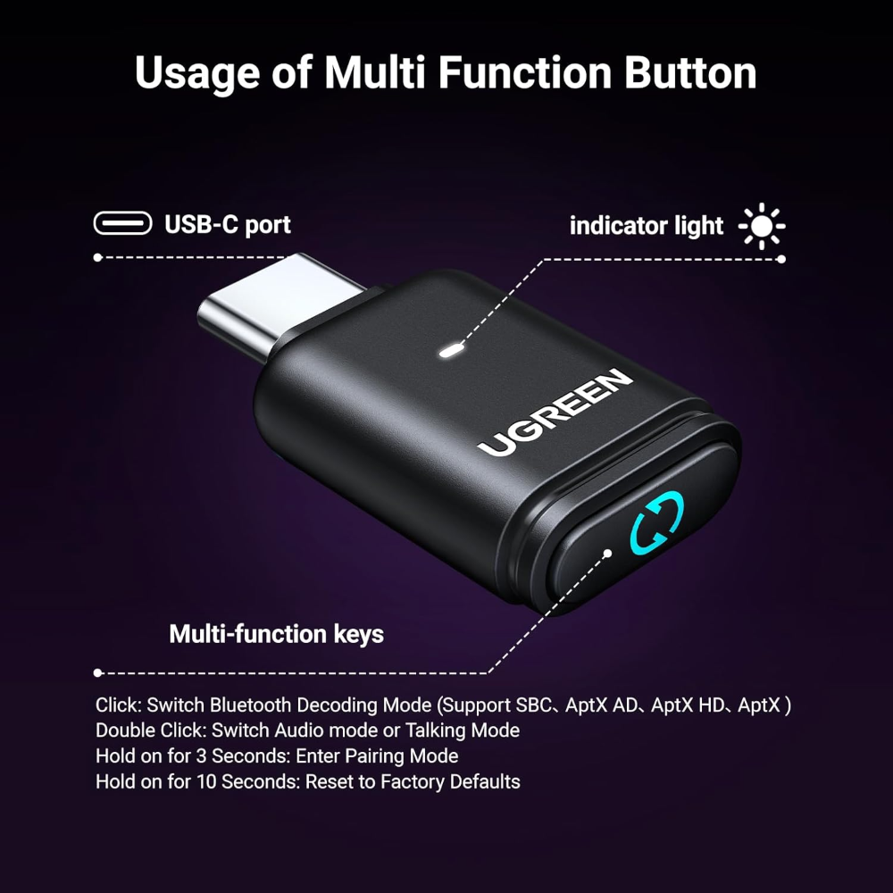 UGREEN 45008 BLUETOOTH 5.3 TRANSMITTER AUDIO ADAPTER TYPE-C - Image 7