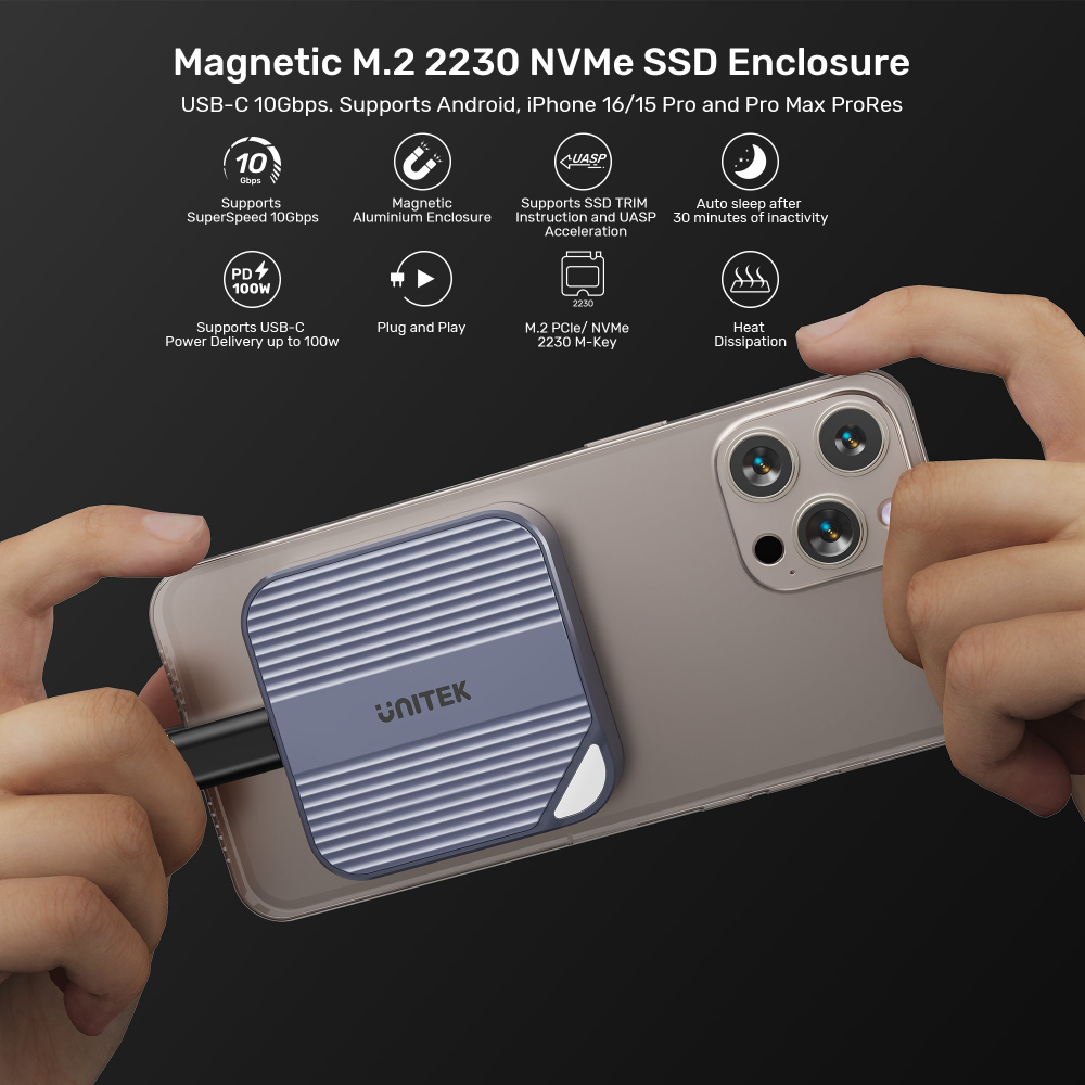 Unitek S1244AGY01 Magnetic M.2 2230 NVMe SSD Enclosure 100W PD Metal