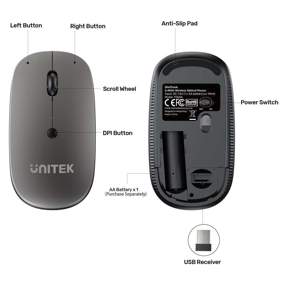 UNITEK T060AGY01 SLIMTRACK 2.4GHZ WIRELESS OPTICAL MOUSE SPACE GREY - Image 15