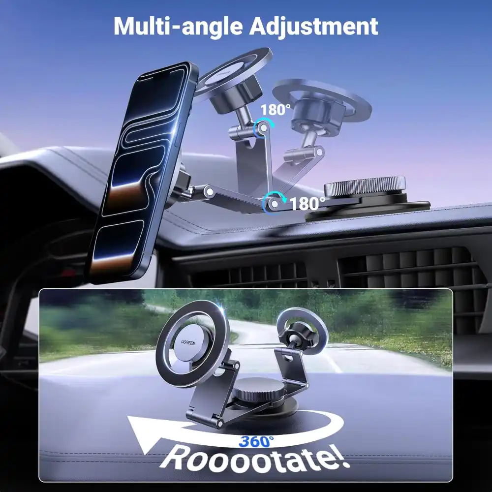 UGREEN 45577 Magnetic Dashboard Car Phone Mount made of metal, attached to a car dashboard.