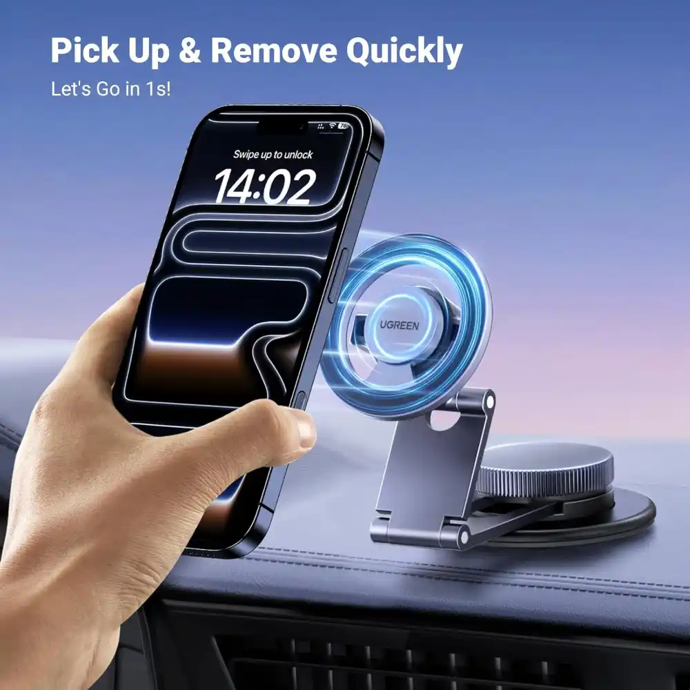 UGREEN 45577 Magnetic Dashboard Car Phone Mount made of metal, attached to a car dashboard.
