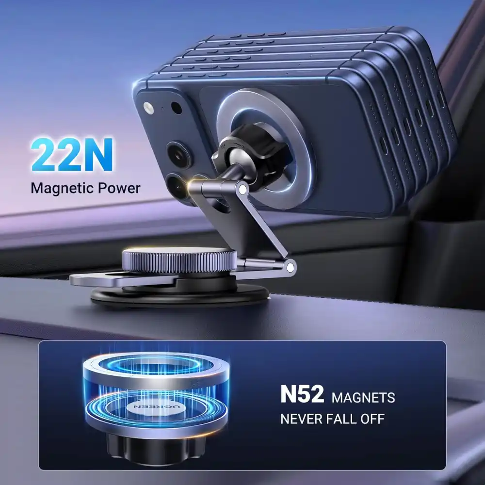 UGREEN 45577 Magnetic Dashboard Car Phone Mount made of metal, attached to a car dashboard.