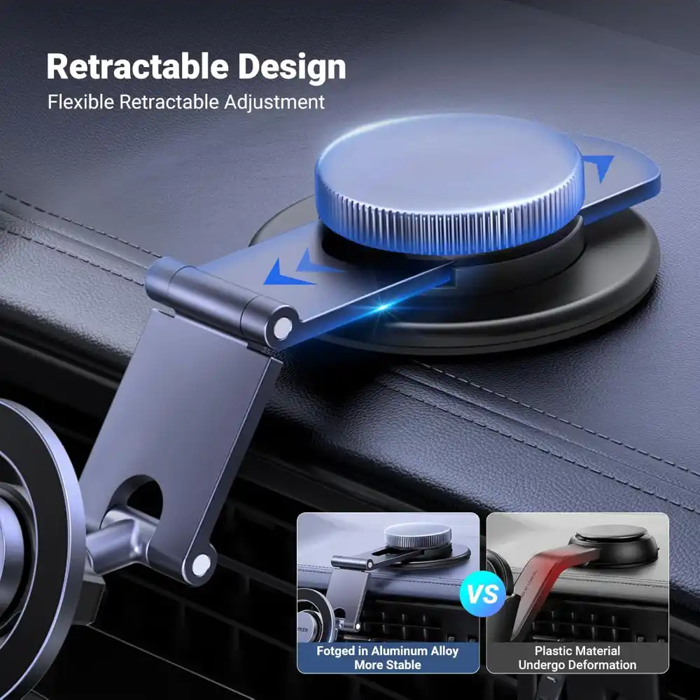 UGREEN 45577 Magnetic Dashboard Car Phone Mount made of metal, attached to a car dashboard.