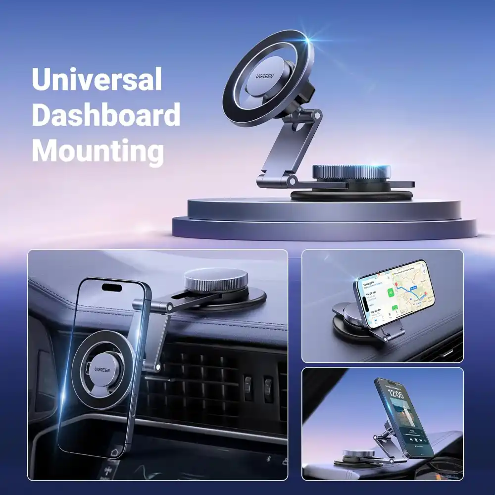 UGREEN 45577 Magnetic Dashboard Car Phone Mount made of metal, attached to a car dashboard.